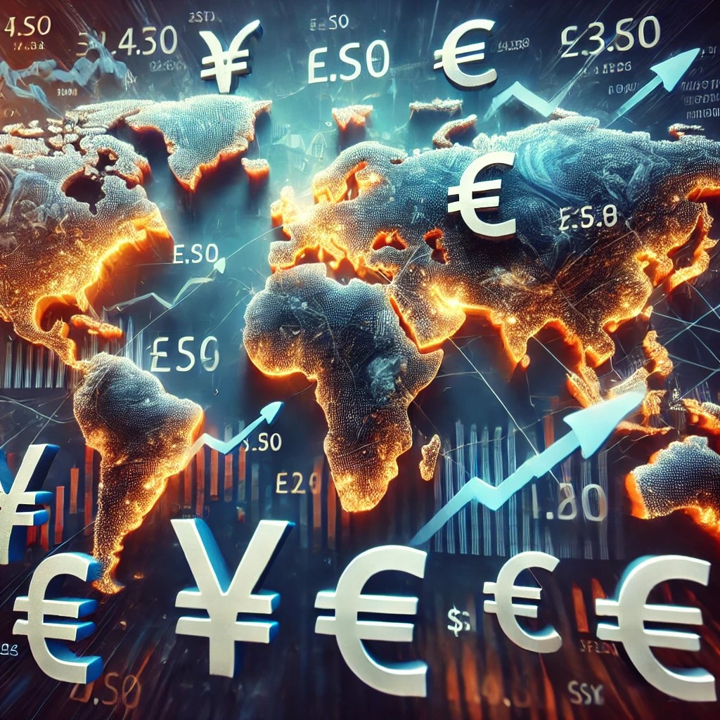 DALL·E 2024-07-28 16.56.24 - A world map with highlighted exchange rates between different currencies, symbolizing the importance of exchange rates in international finance