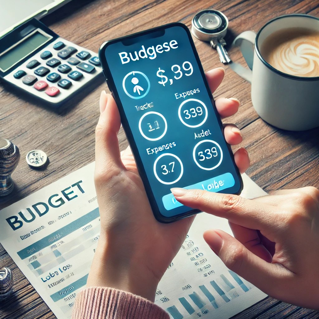 DALL·E 2024-07-28 18.10.35 - A person using a budgeting app on a smartphone, tracking expenses and managing a budget, symbolizing financial planning during job loss