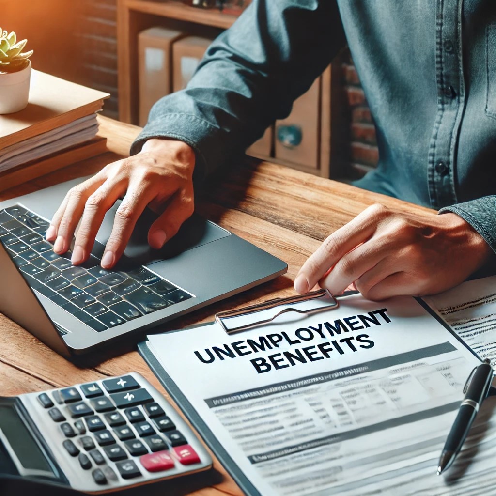 DALL·E 2024-07-28 18.10.37 - A person applying for unemployment benefits on a laptop, with documents and forms visible, representing the use of government assistance during job lo