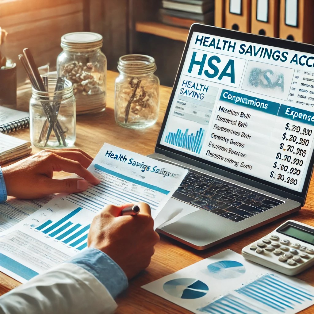 DALL·E 2024-07-29 03.18.09 - A person sitting at a desk, reviewing medical bills and using a laptop to manage health savings account (HSA) contributions and expenses, with charts 