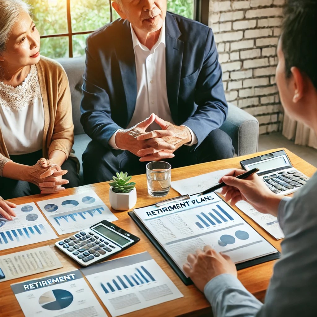 DALL·E 2024-07-30 11.04.07 - A financial advisor discussing retirement plans with a couple. The scene includes documents and charts on the table, with the advisor explaining inves