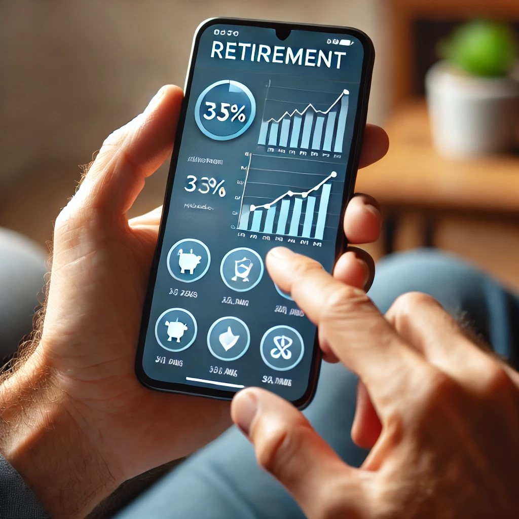 DALL·E 2024-07-30 11.04.08 - A person using a smartphone app to check their retirement savings and investments. The screen displays graphs and charts showing the growth of their r