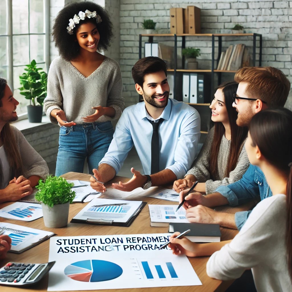 DALL·E 2024-07-29 02.11.12 - A diverse group of employees in a modern office setting, discussing student loan repayment assistance programs with a financial advisor, with charts a