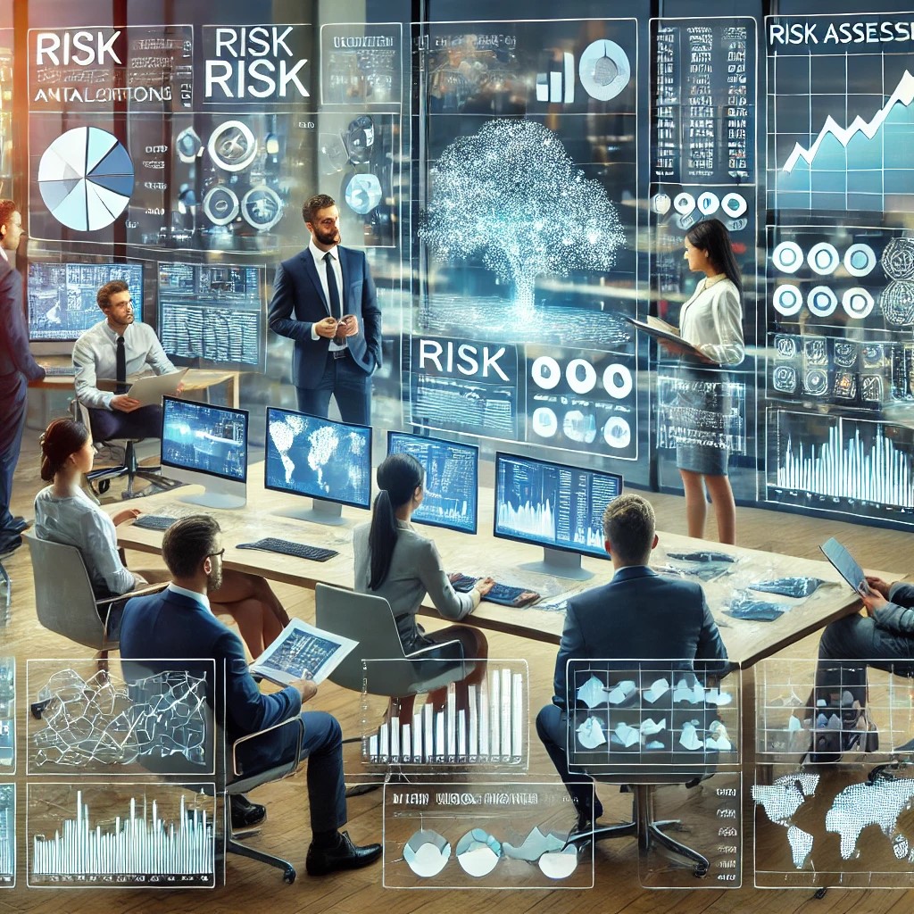 DALL·E 2024-07-27 10.15.55 - A team of financial analysts in a modern office using advanced risk assessment tools. The setting includes multiple screens showing data analytics, gr