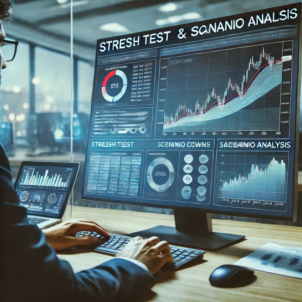 DALL·E 2024-07-27 10.15.56 - A financial professional using a computer to perform a stress test and scenario analysis. The screen shows simulated economic downturns and market cra