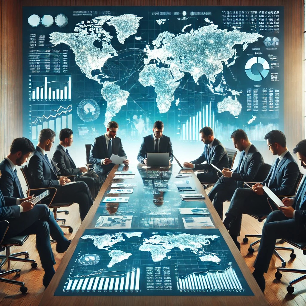 DALL·E 2024-07-27 10.04.28 - A group of investment bankers in a conference room discussing a global merger and acquisition deal. The setting includes a large table with documents,