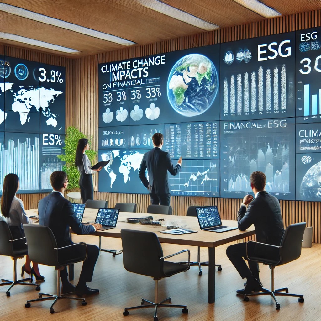 DALL·E 2024-07-28 08.30.56 - A group of financial analysts in a modern office discussing climate change impacts on financial markets. The setting includes multiple screens display