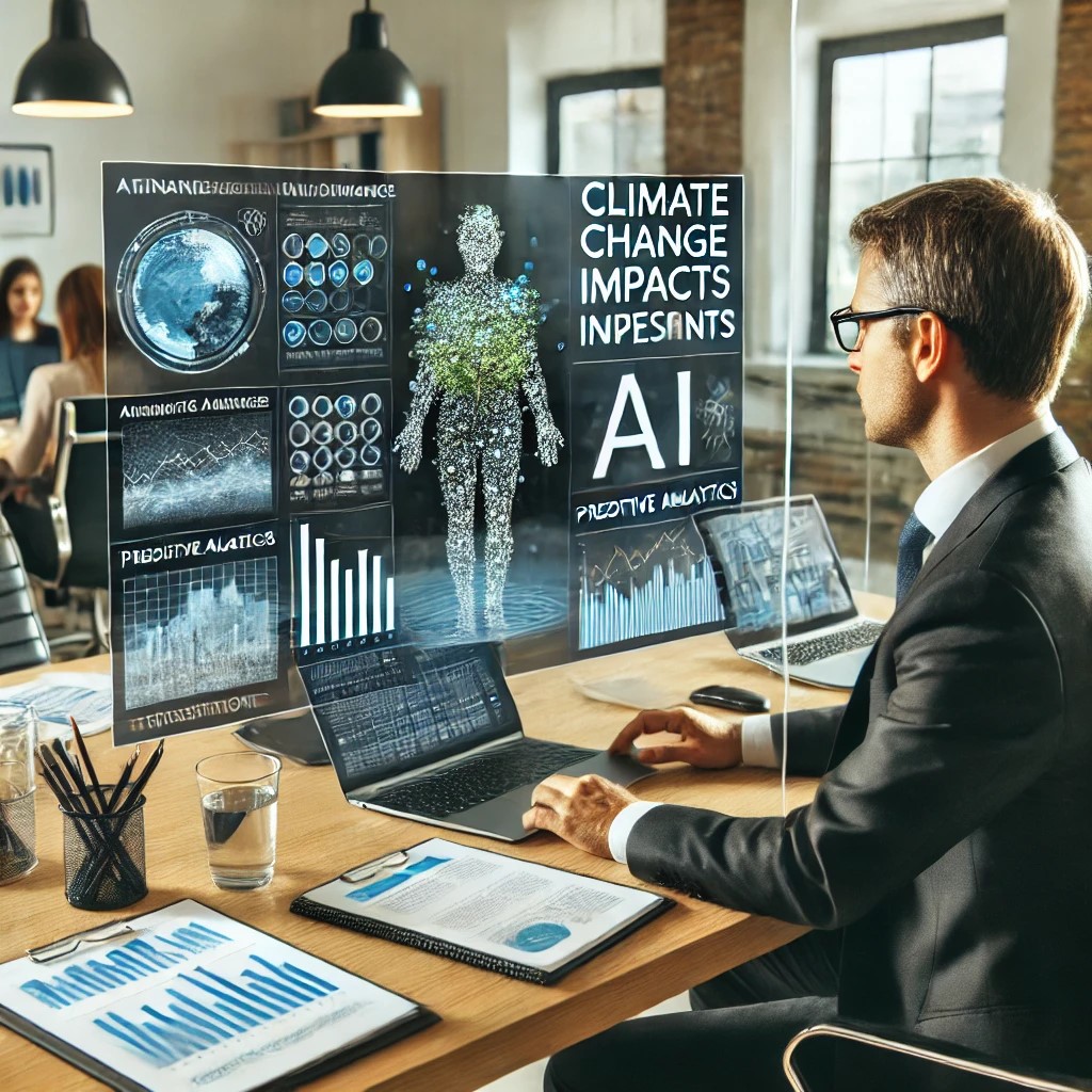 DALL·E 2024-07-28 08.30.57 - A financial analyst in a modern office using AI-driven software to analyze climate change impacts on investments. The screen shows data visualizations