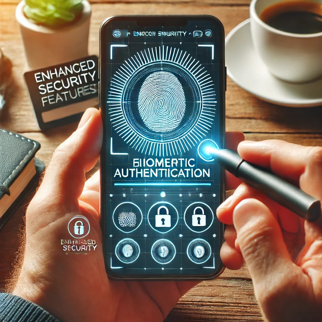 DALL·E 2024-07-29 02.36.54 - A person using a smartphone with biometric authentication to access a secure financial app, showing enhanced security features like fingerprint recogn