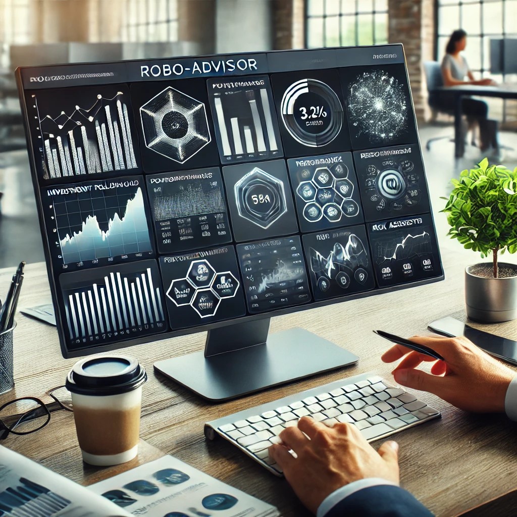 DALL·E 2024-07-27 10.30.39 - A financial advisor using a robo-advisor platform on a computer. The screen shows a dashboard with investment portfolios, performance charts, and risk