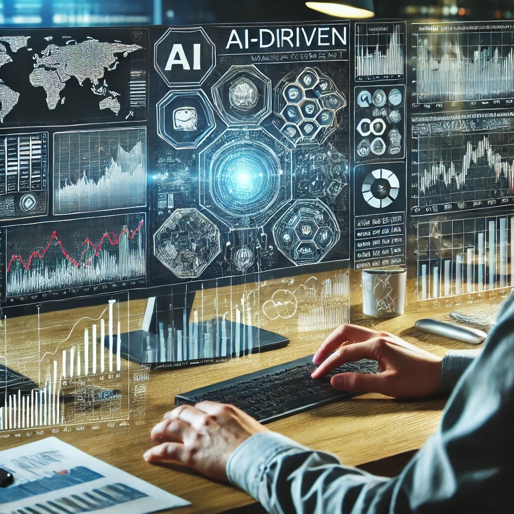 DALL·E 2024-07-27 10.30.41 - A financial analyst using AI-driven software for investment management. The screen shows complex data analytics, market predictions, and graphs. The s