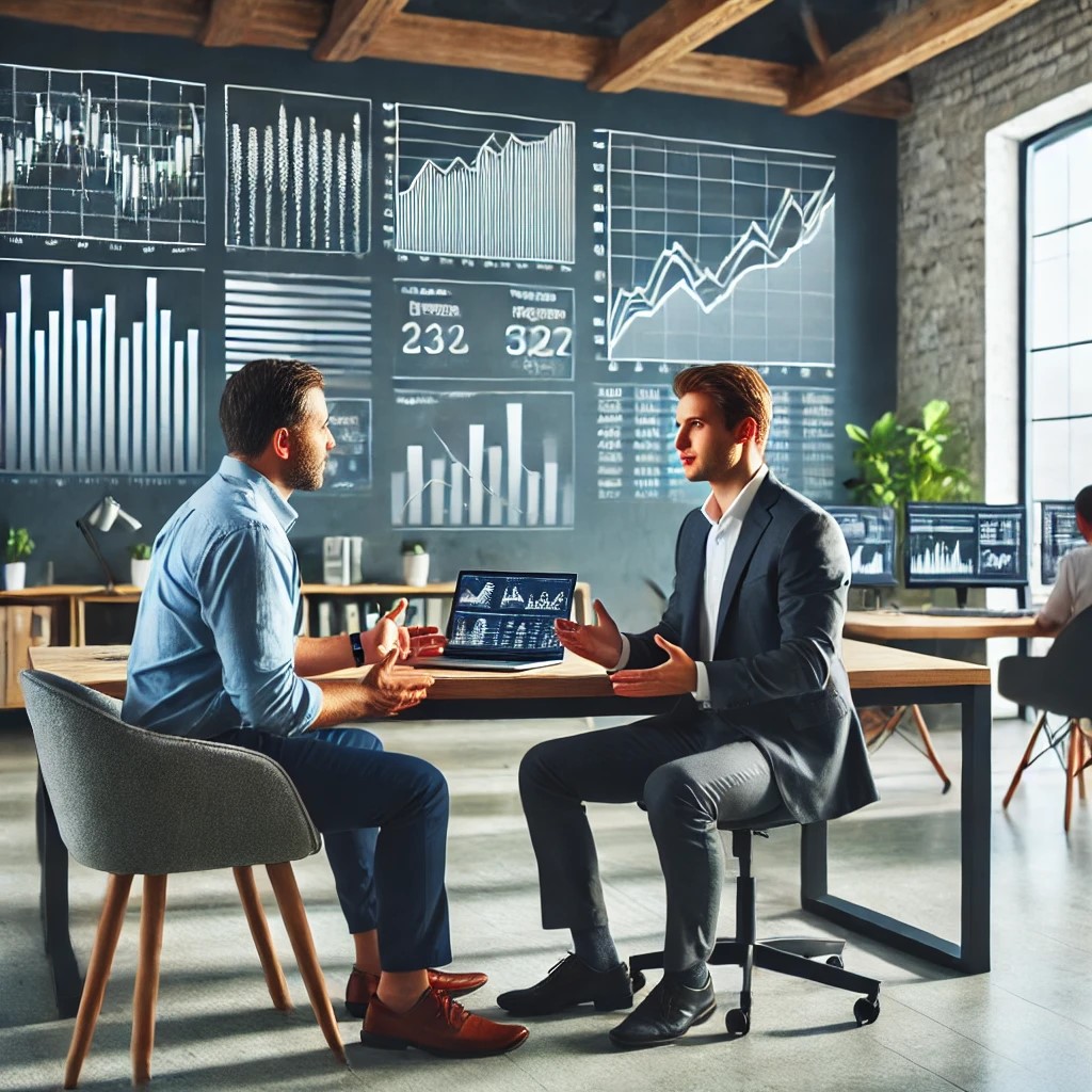 DALL·E 2024-07-27 10.22.39 - A financial advisor in a modern office discussing investment strategies with a client. The setting includes charts and graphs on the wall showing mark