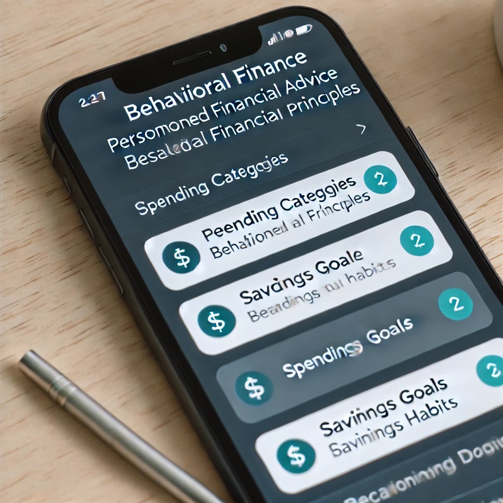 DALL·E 2024-07-27 10.22.40 - A mobile app interface on a smartphone showing personalized financial advice based on behavioral finance principles. The app displays spending categor
