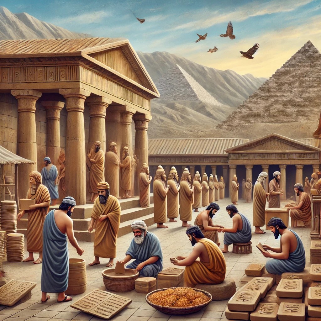 DALL·E 2024-07-28 17.13.25 - An ancient Mesopotamian market scene with traders and clay tablets, symbolizing the early origins of financial systems