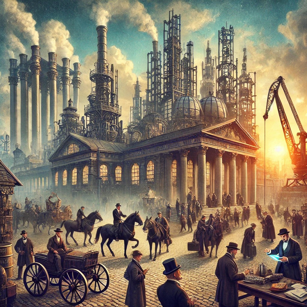 DALL·E 2024-07-28 17.13.27 - A 19th-century industrial revolution scene with stock exchange and investment banking activities, symbolizing the growth of financial markets during t