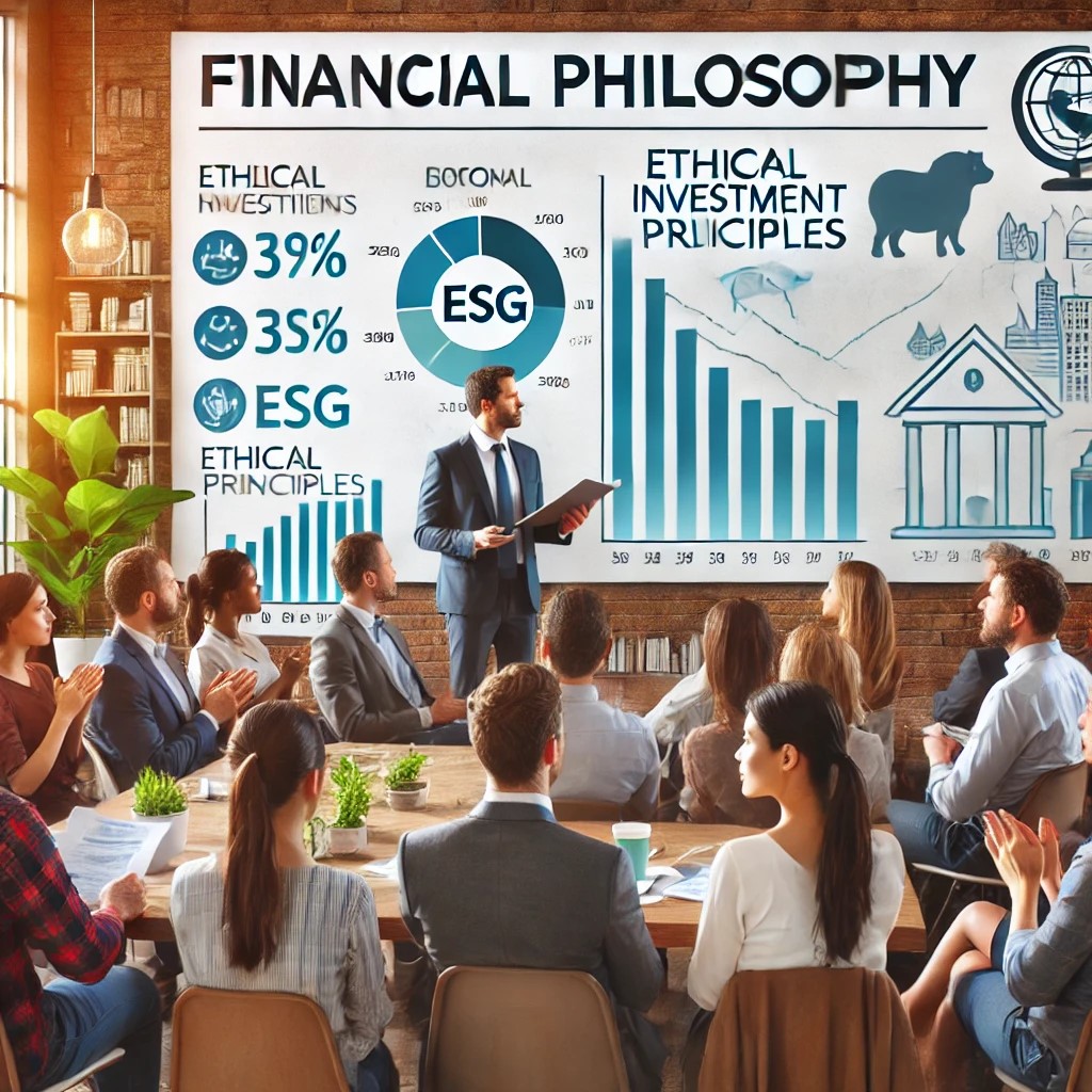 DALL·E 2024-07-29 02.16.54 - A diverse group of people attending a financial philosophy seminar, with a speaker discussing ethical investment principles and charts showing ESG cri