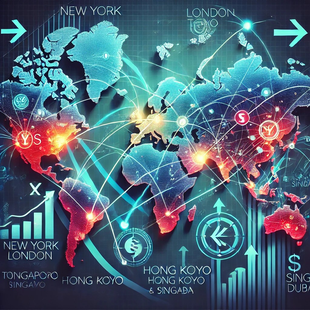 DALL·E 2024-07-28 10.25.29 - A vibrant world map with arrows and lines connecting major financial centers such as New York, London, Tokyo, Hong Kong, Singapore, and Dubai, represe