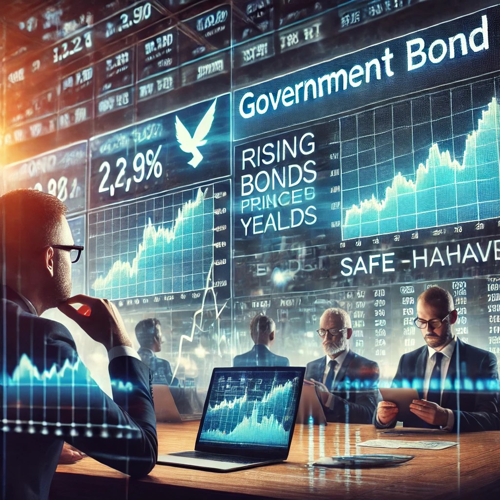 DALL·E 2024-07-30 10.59.46 - A government bond market scene with investors analyzing bond charts. The screens display rising bond prices and decreasing yields, symbolizing the shi