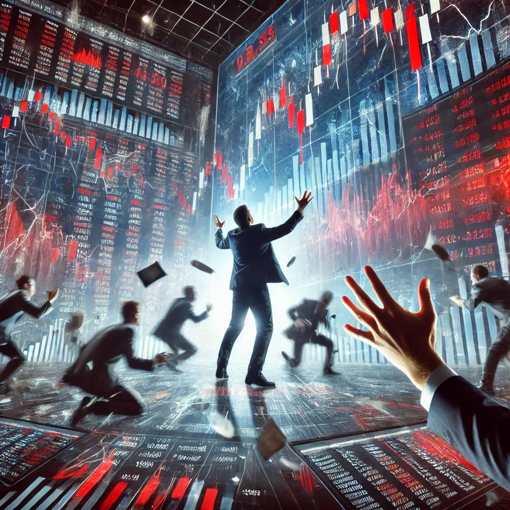 DALL·E 2024-07-30 10.59.45 - A stock market scene with traders reacting to a market crash. The screens display falling stock prices and red graphs, symbolizing the impact of an ec